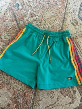 Aviator Nation Teal Swim Shorts with Gold Drawstring